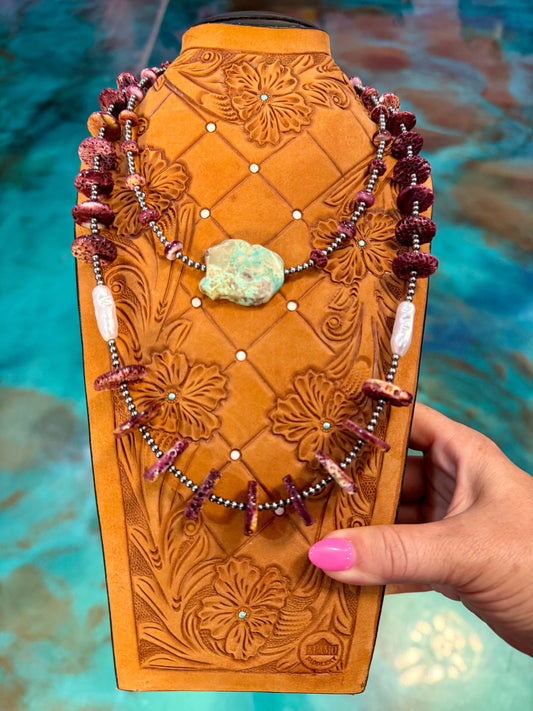 Jaci Stack – Purple Spiny Oyster, Turquoise & Freshwater Pearl Necklaces