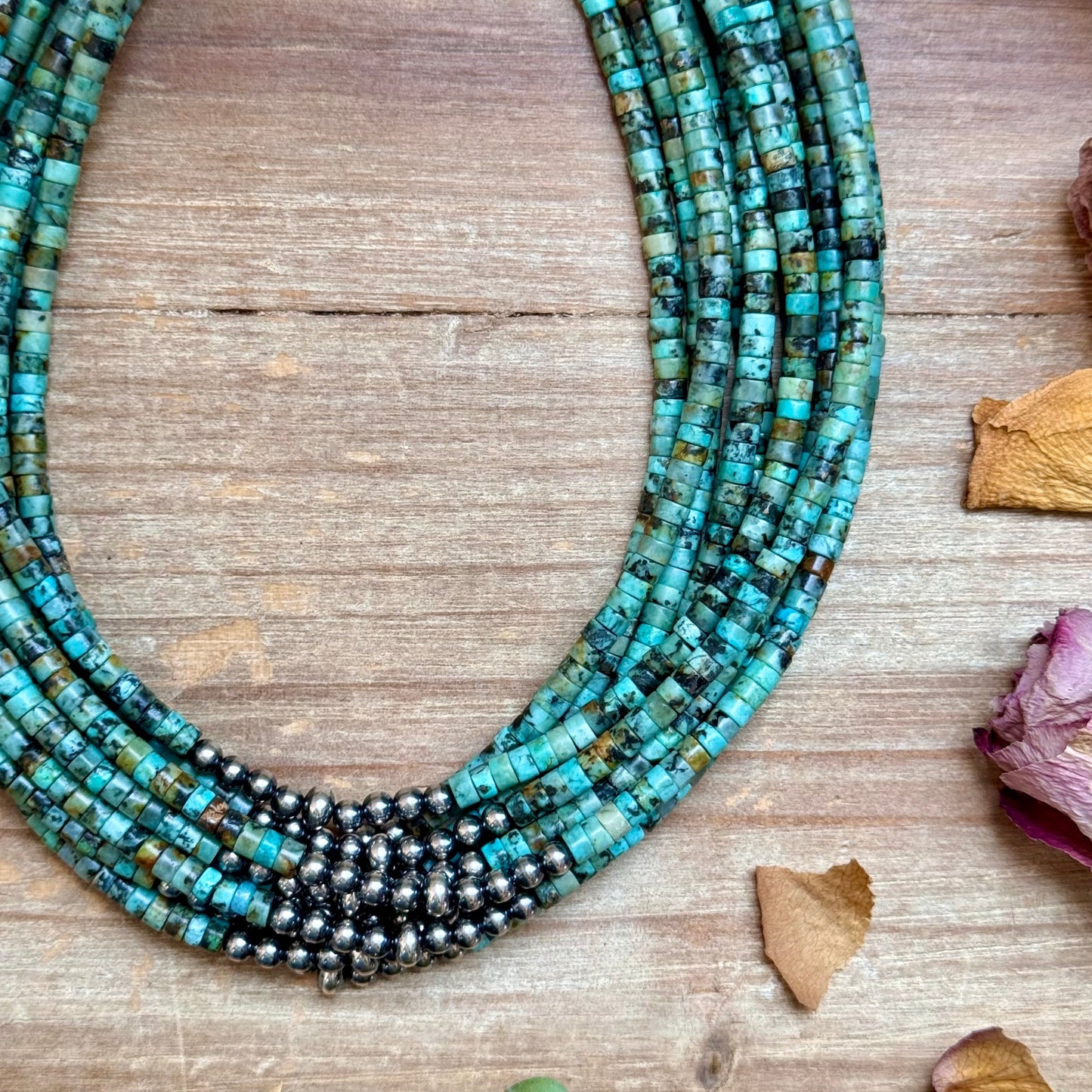 African Turquoise Heishi & Sterling Silver Pearl Necklace