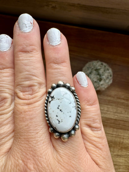 Oval ring - Adjustable- White Buffalo Ring & sterling silver