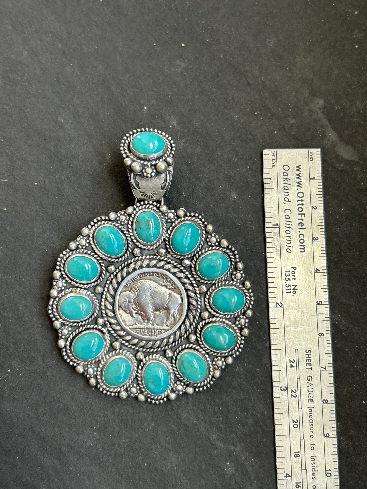 Sterling Silver Kingman Turquoise & Buffalo Nickel Cluster Pendant – Artist Shay Pfeiffer