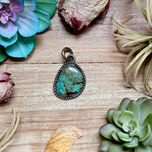 Freeform blue turquoise sterling silver pendant with dark matrix handmade in the USA by The Bijoux FAB
