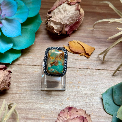 MJ Rectangle Green Turquoise Adjustable Sterling Silver Ring