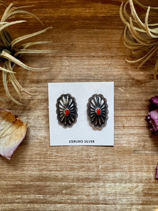 Sterling silver red stud earrings with post back, handmade in the USA, one of a kind