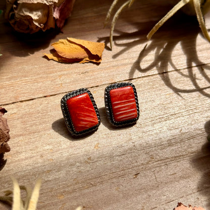 MJ Red-Orange Spiny Oyster Rectangle Stud Earrings with Twisted Wire