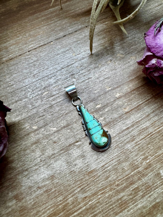 Sterling silver teardrop pendant with Kingman turquoise stone, Option 3 variation, stamped SF, Native made in the USA, fits 5mm pearls