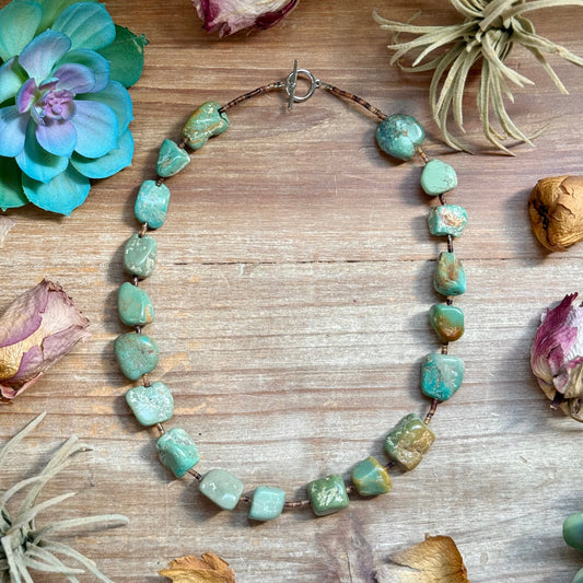 20 inch brown shell and green turquoise nugget necklace with non tarnish hook by The Bijoux FAB
