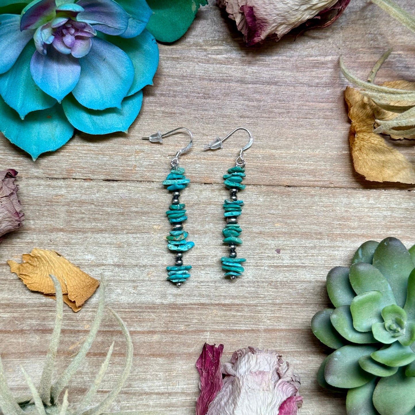 Long blue chip turquoise earrings with 3mm sterling silver pearls and sterling silver hooks handmade by The Bijoux FAB