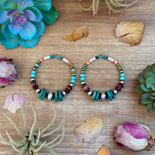 One of a kind mixed turquoise, pink conch, spiny oyster and sterling silver hoop earrings
