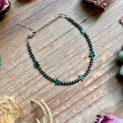 African Turquoise Onyx Star Bracelet with Sterling Silver Pearls