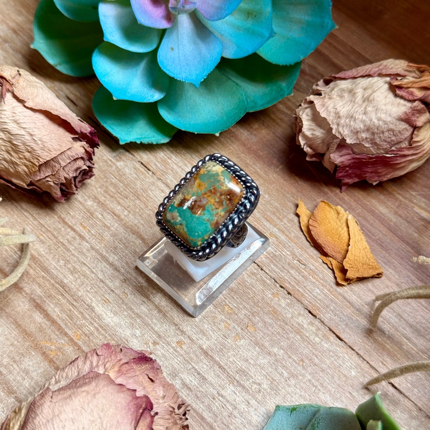 MJ Rectangle Green Turquoise Adjustable Sterling Silver Ring
