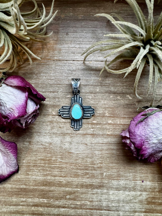 Sterling silver Zia symbol pendant with Golden Hill turquoise center, stamped K. Billah, Native made in the USA, fits 8mm pearls