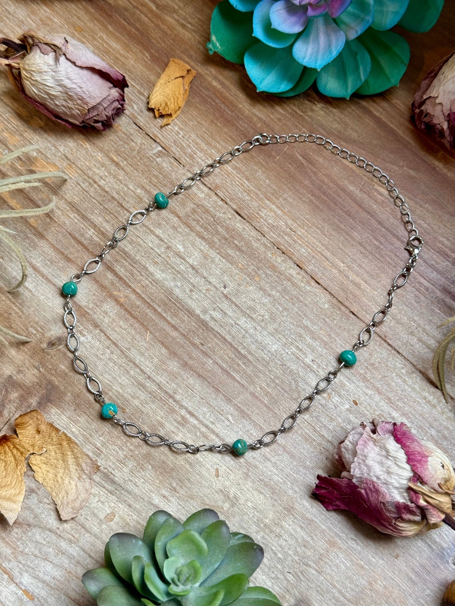 turquoise station chain necklace 14 inch extender silver plated real turquoise layering jewelry