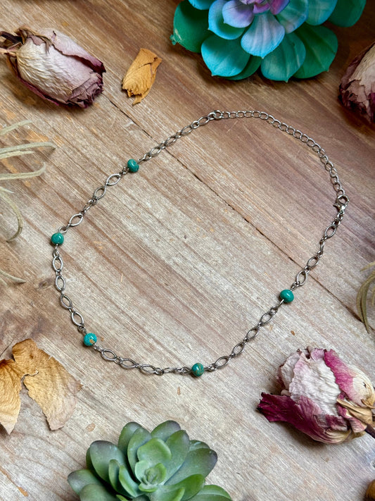 turquoise station chain necklace 14 inch extender silver plated real turquoise layering jewelry