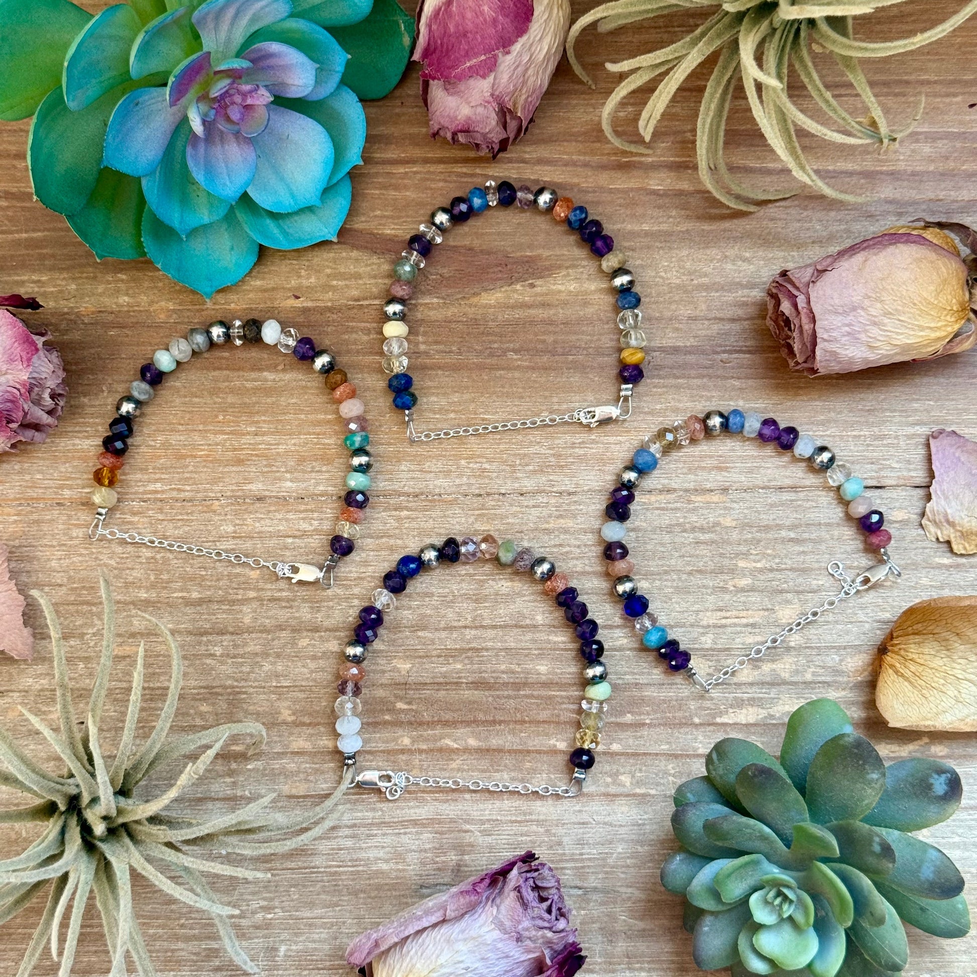 6.25 inch mixed gemstone bracelet with 6mm sterling silver pearls handmade by The Bijoux FAB
