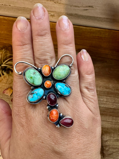 Dragon Fly Ring - Adjustable - Mix Stone & Sterling Silver