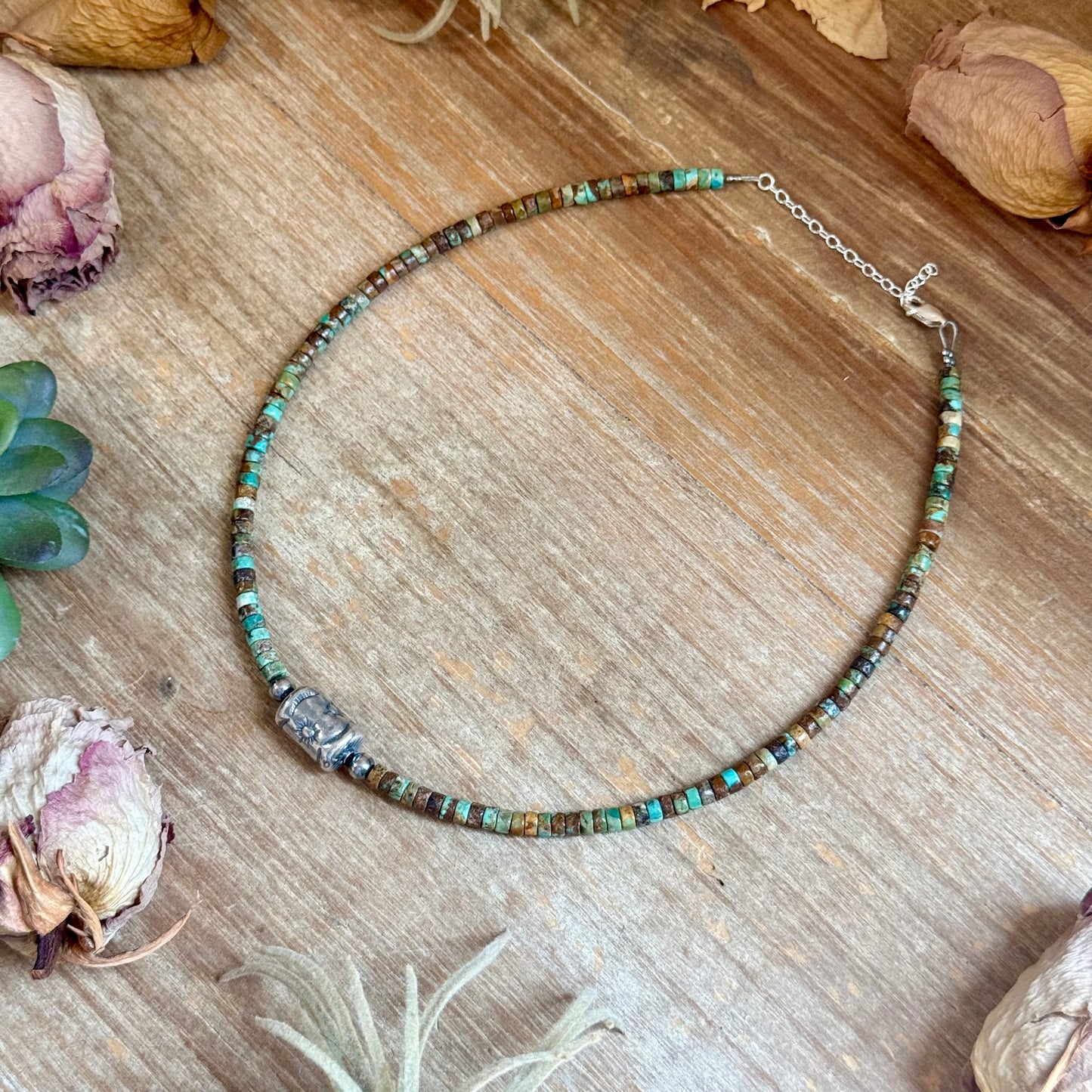 Green Turquoise Heishi & Sterling Silver Barrel Bead Necklace