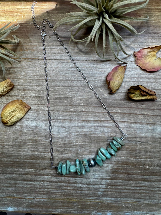 Green turquoise chip necklace with silver-plated paperclip chain and 10 mm sterling silver pearl center, handmade by The Bijoux FAB