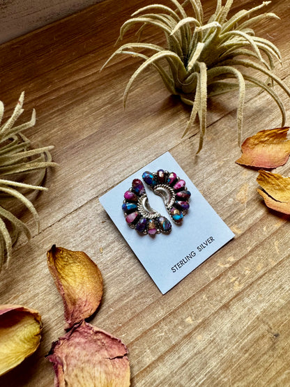 Half cluster earrings handcrafted with vibrant pink dahlia stones set in solid sterling silver. Stamped JW and made in the USA. Each pair is one of a kind. Curated by The Bijoux FAB.