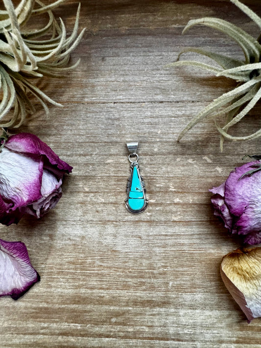 Sterling silver teardrop pendant with Kingman turquoise stone, Option 2 variation, stamped SF, Native made in the USA, fits 5mm pearls