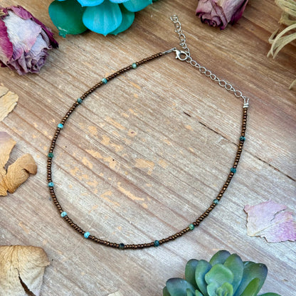 Turquoise & Copper Glass Bead Choker 14”