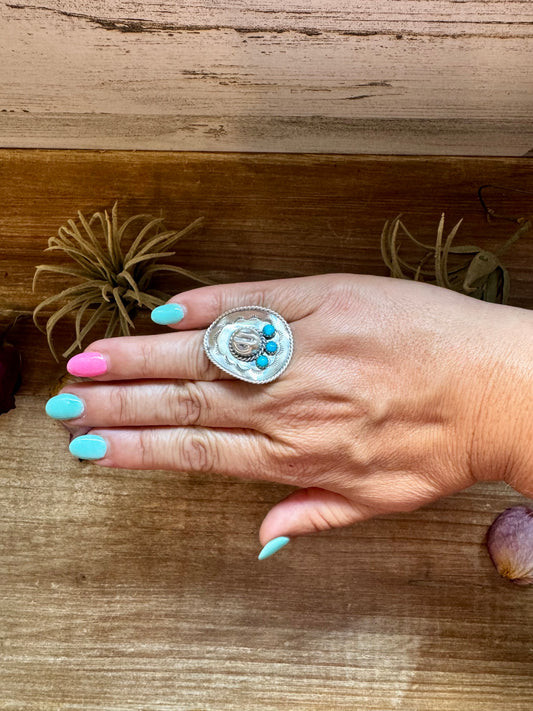 Sterling silver cowboy hat ring with three Kingman turquoise stones, size 7.5, Native made in the USA
