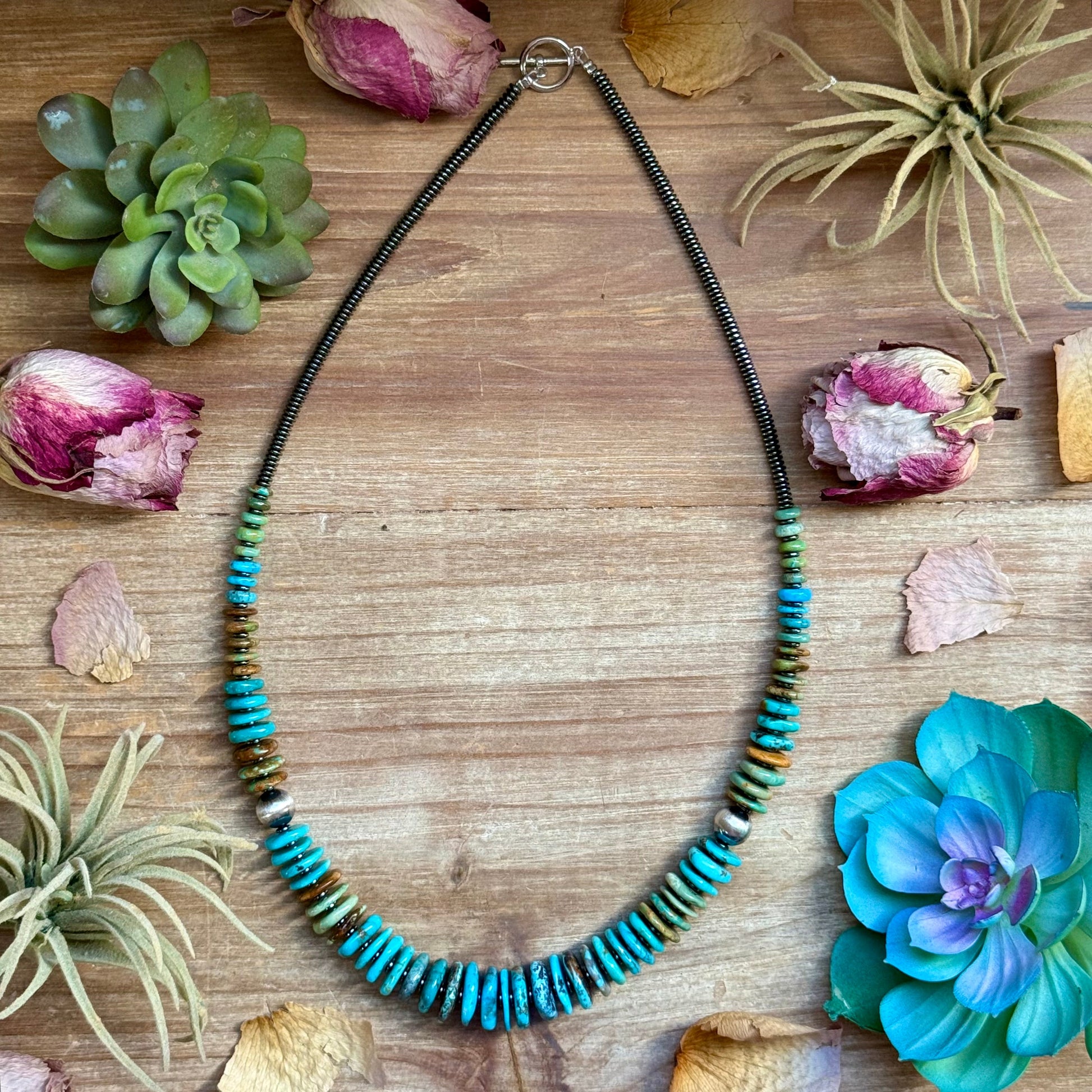 23 inch tri color turquoise graduated necklace with hematite and sterling silver pearls handmade in the USA by The Bijoux FAB