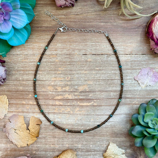 Copper glass seed bead and African turquoise choker necklace

