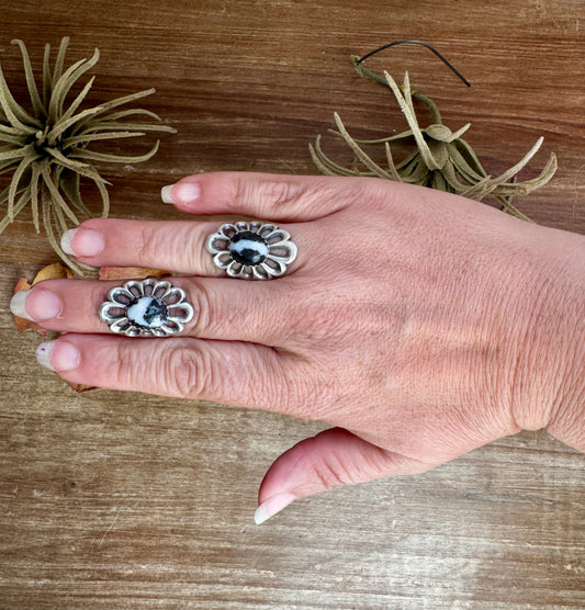 White Buffalo sterling silver ring in floral shape, Native made, size 6.5 and 7.5, made in USA