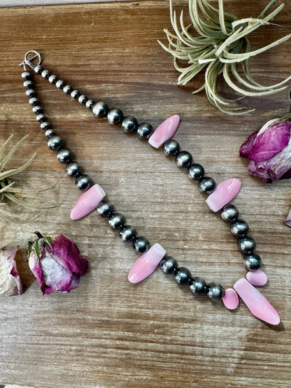 23-inch sterling silver pearl necklace with pink conch shell centerpiece, handmade by The Bijoux FAB in the USA, NFR Collection