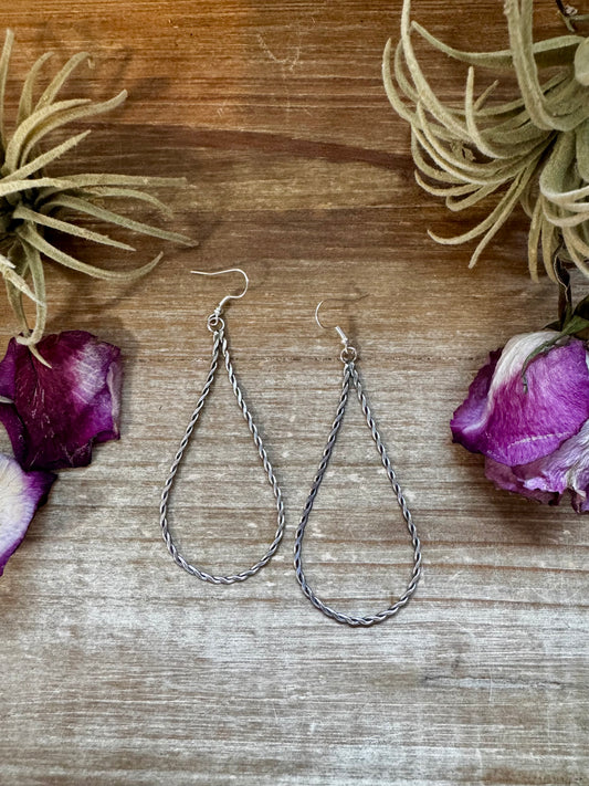 Sterling silver rope-style teardrop earrings, handmade in the USA, lightweight and simple design