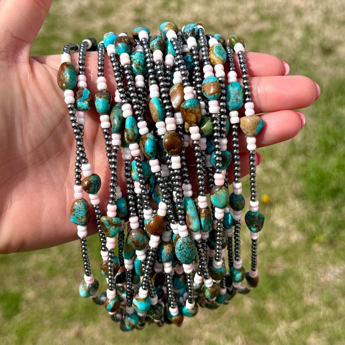 15” Pink Conch & Turquoise Necklace – Sterling Silver