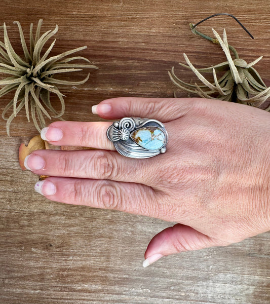 Golden Hill turquoise sterling silver ring with thick detailed band, size 9.5