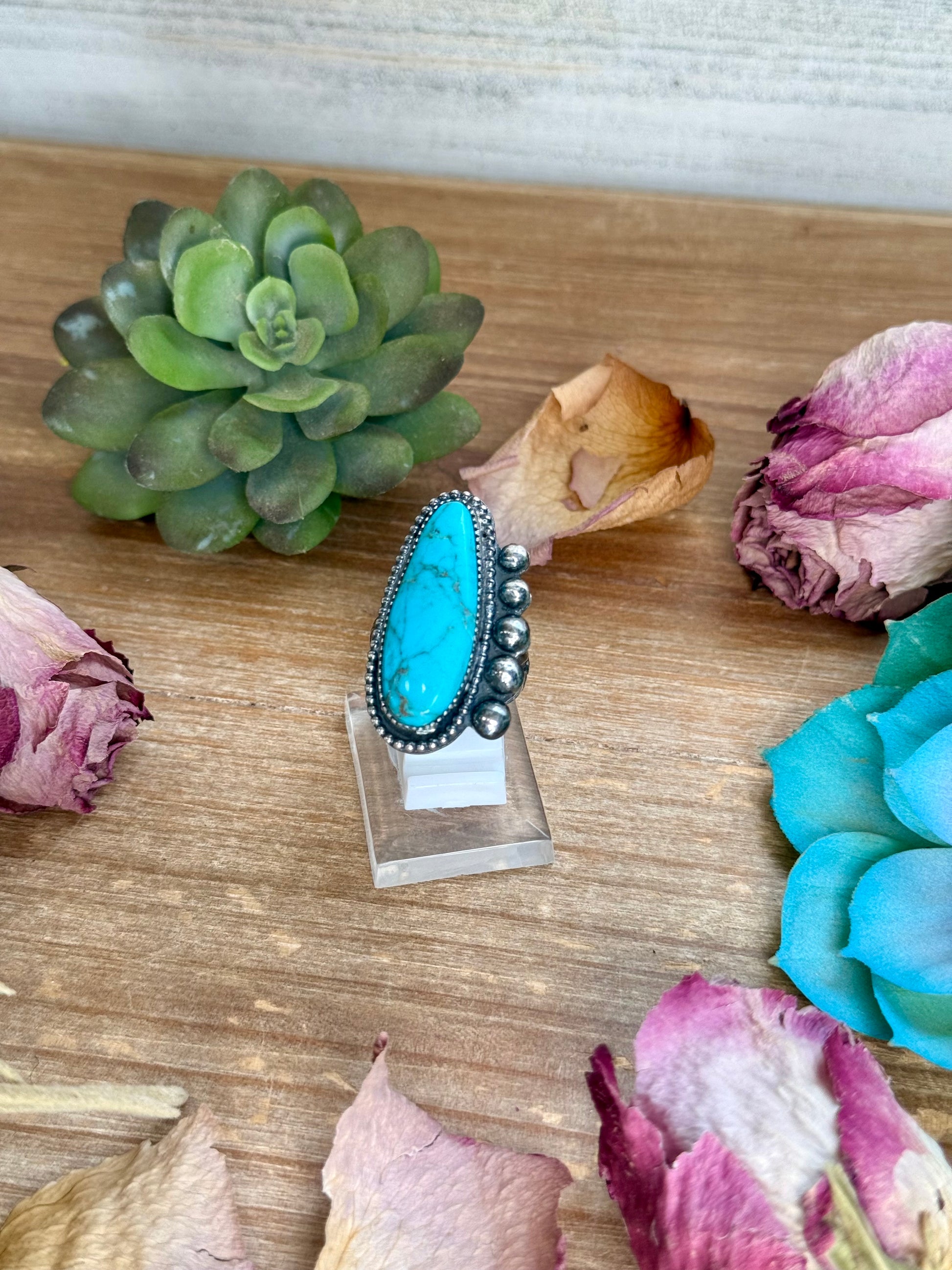 MJ turquoise ring in sterling silver with adjustable band handmade by The Bijoux FAB
