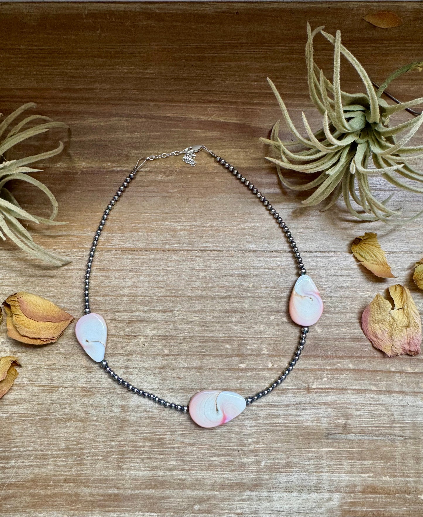 Sterling silver choker with 4 flat pink conch teardrop beads and 3mm pearls, approx. 14.5 inches long
