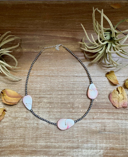 Sterling silver choker with 4 flat pink conch teardrop beads and 3mm pearls, approx. 14.5 inches long