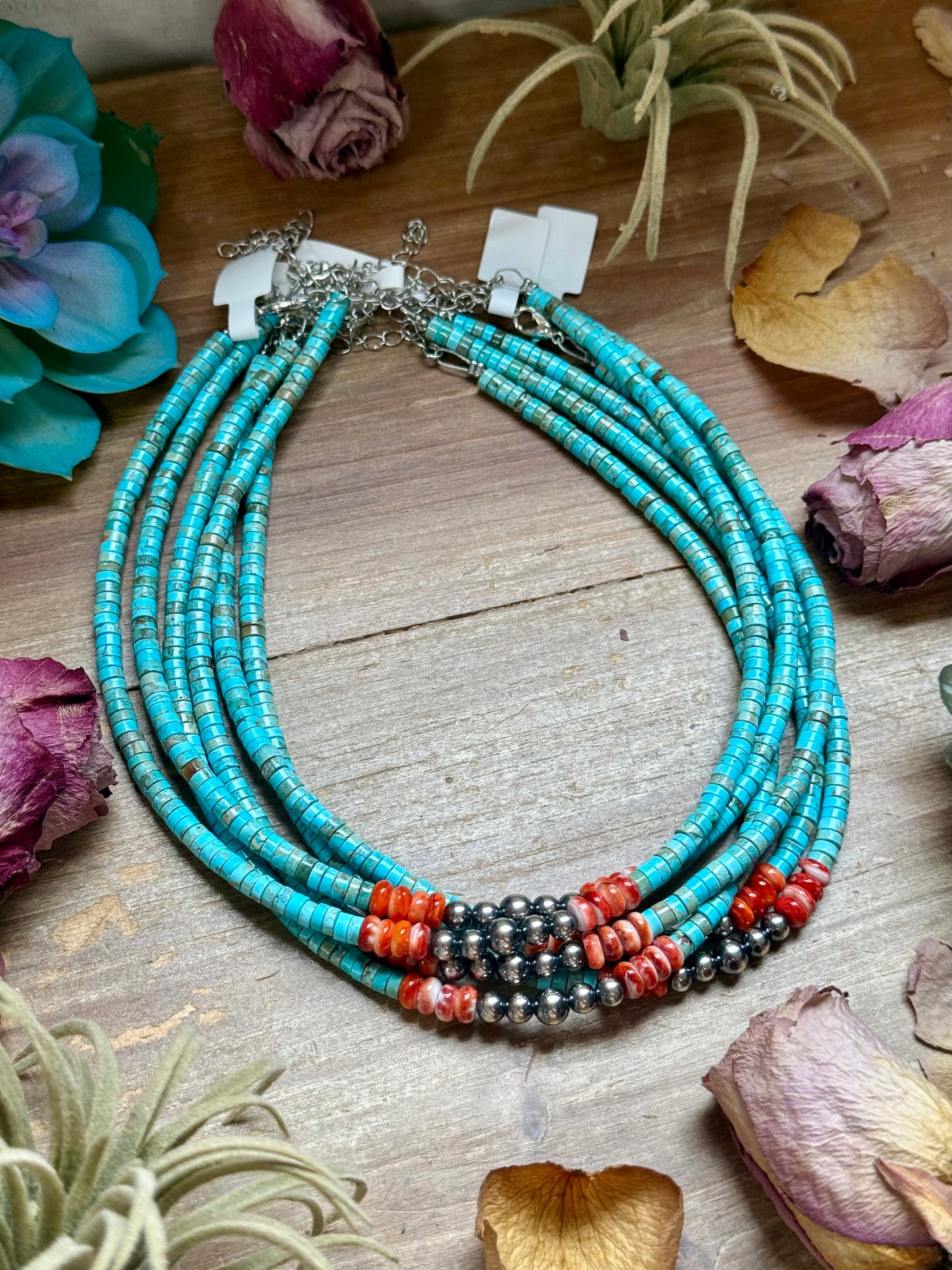 14” Vibrant Choker – Turquoise, Spiny Oyster & Sterling Silver