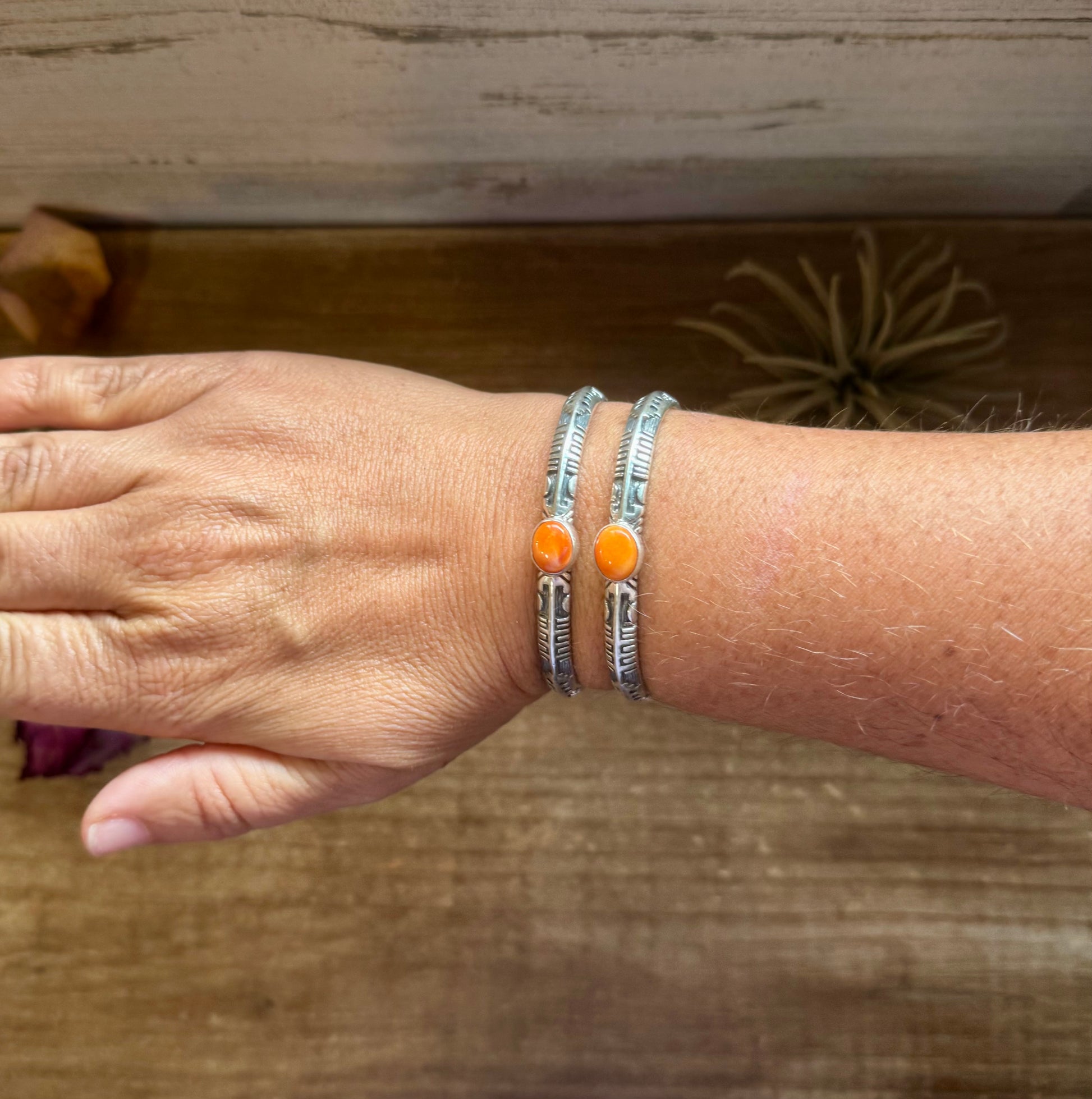 Sterling silver cuff bracelet with orange spiny oyster stone, stamped BS, Native made in the USA