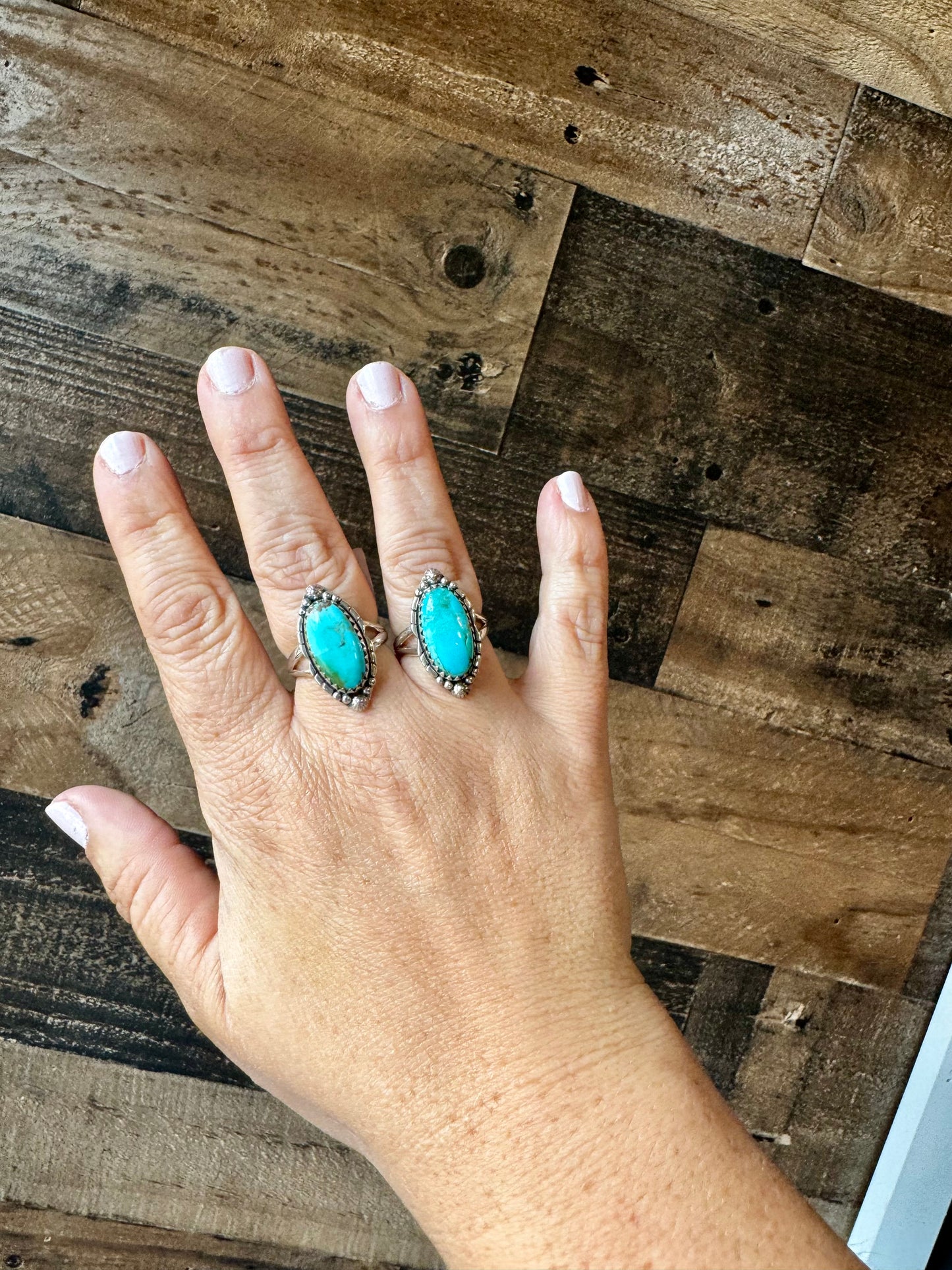 Ring size 7 & 8- long kingman turquoise and sterling silver