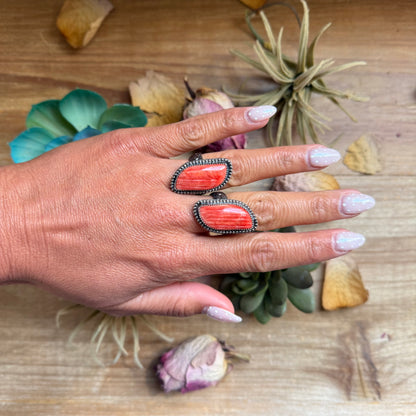red spiny oyster free form adjustable sterling silver ring handmade in USA