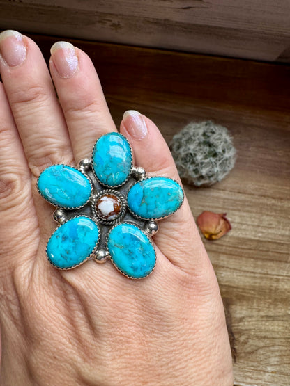 Big flower ring- adjustable - Kingman  turquoise, wild horse and sterling silver