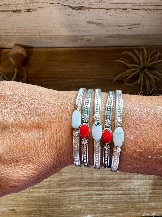 Sterling silver cuff bracelet with choice of red spiny oyster or white buffalo stone, Native made in the USA, stamped hallmark