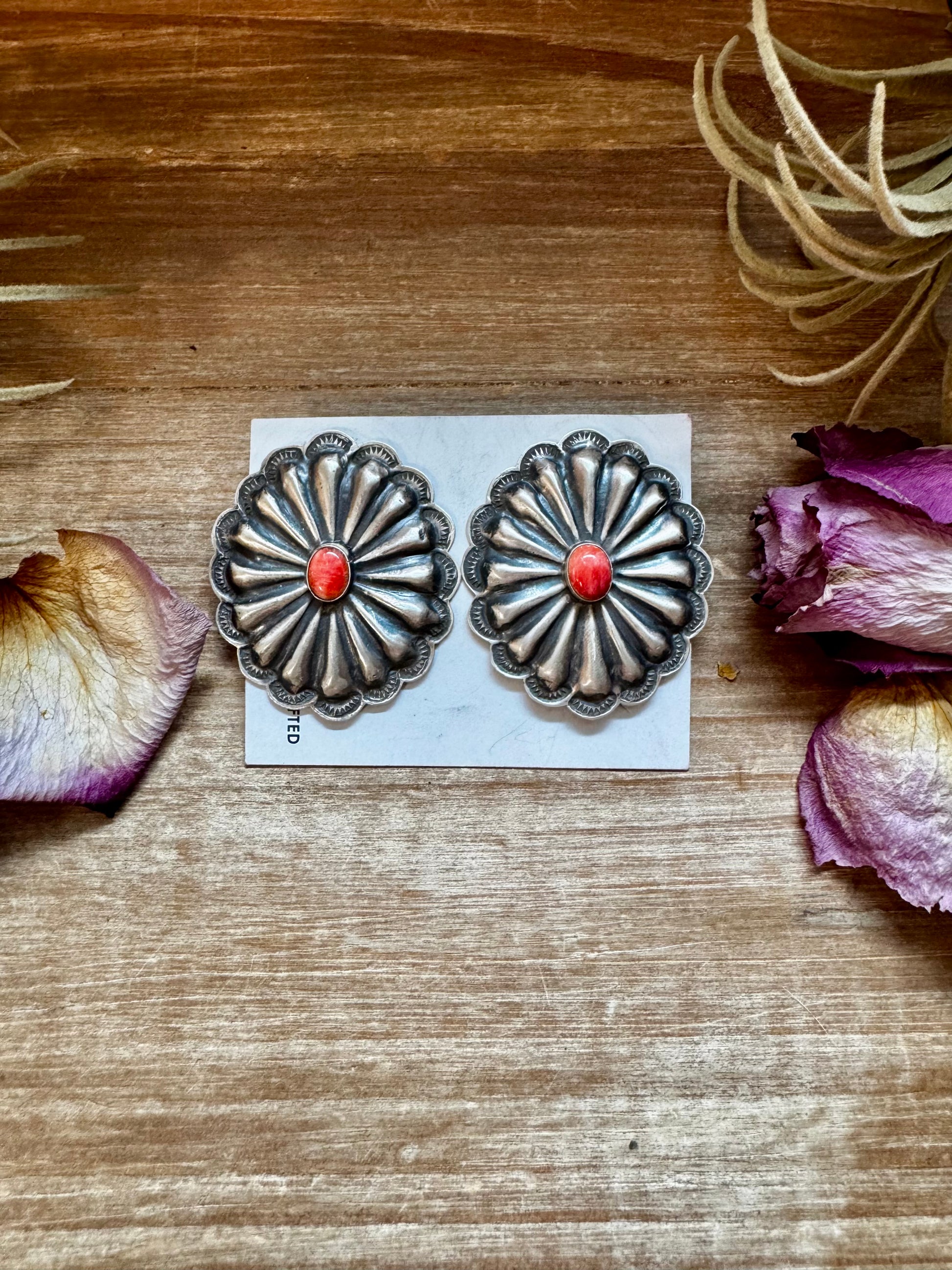 Large sterling silver concho earrings with red spiny oyster center, stamped GJ C Sterling, Native made in the USA