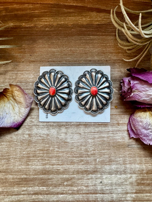 Large sterling silver concho earrings with red spiny oyster center, stamped GJ C Sterling, Native made in the USA