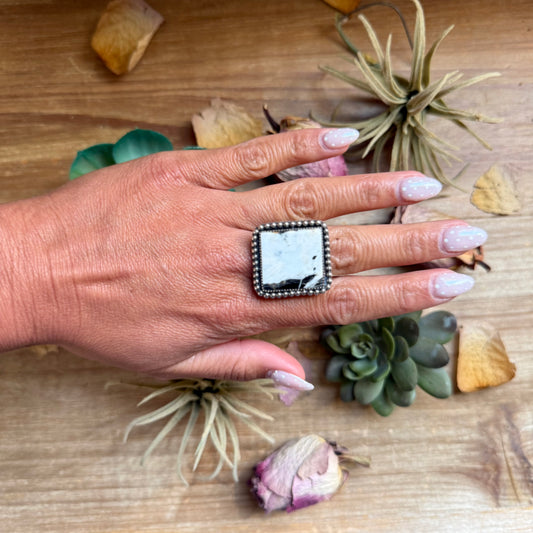 white buffalo turquoise adjustable sterling silver ring handmade in USA