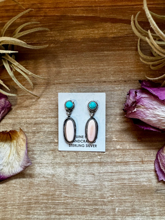 Sterling silver stud earrings with Kingman turquoise top and pink conch dangle, handmade by Marcella James in the USA