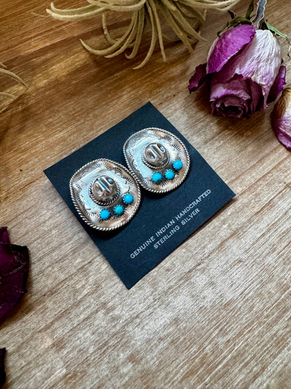 Cowboy Hat Stud Earrings with Kingman Turquoise – Sterling Silver – Native Made by Bobby Platero