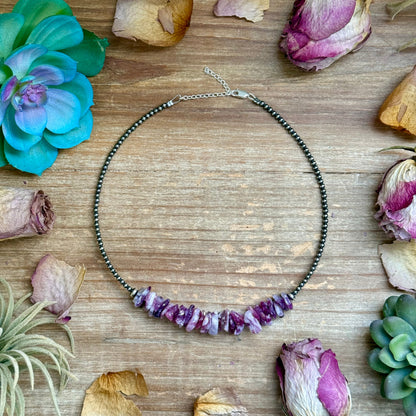 14.5 inch Lepidolite necklace with 3mm sterling silver pearls and saucers handmade by The Bijoux FAB
