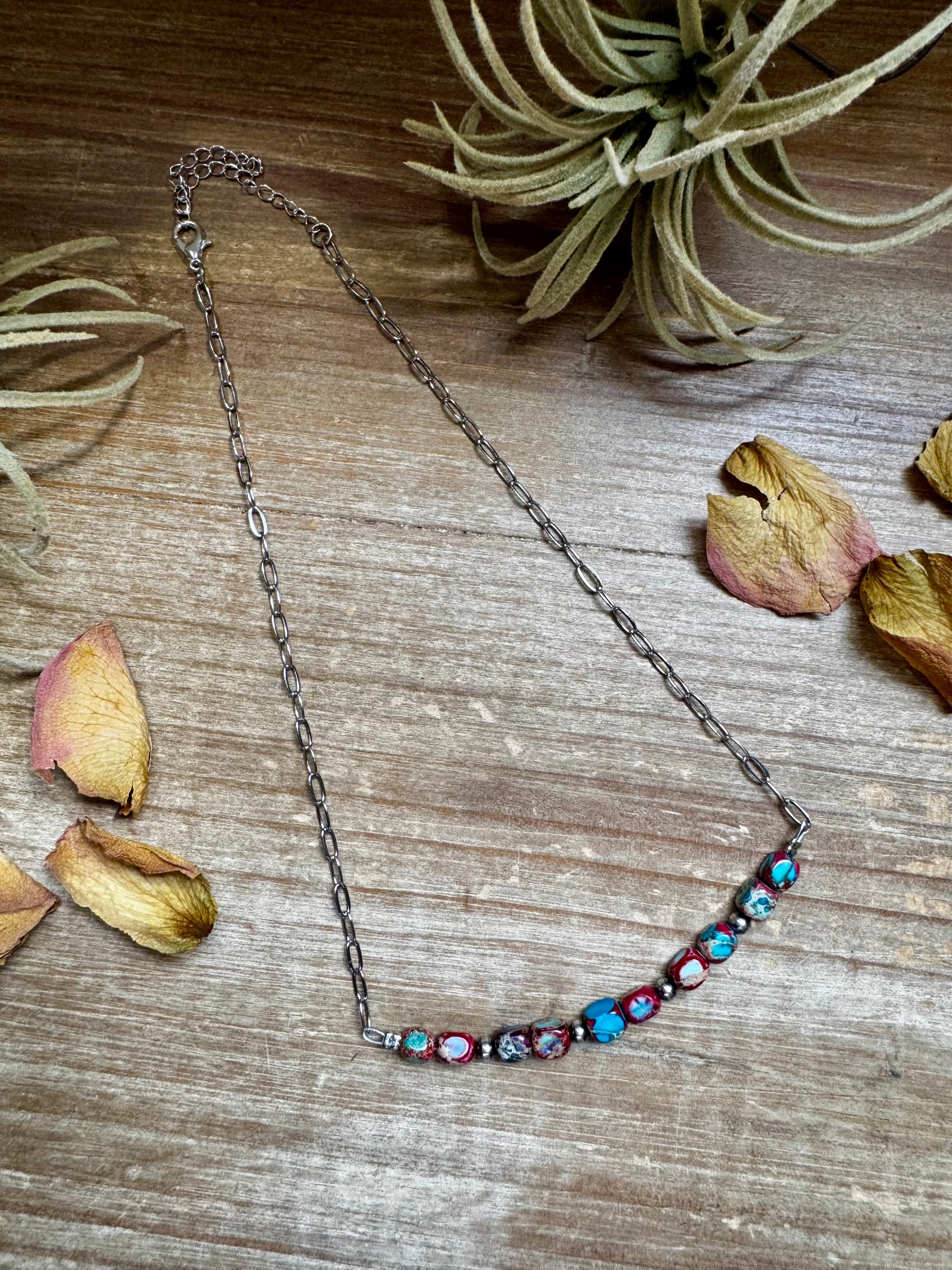 16.5-inch necklace with silver-plated paperclip chain, pink and blue sea sediment beads, and 4mm sterling silver pearls