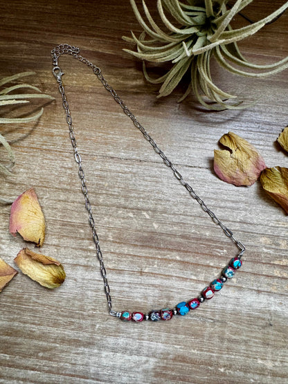 16.5-inch necklace with silver-plated paperclip chain, pink and blue sea sediment beads, and 4mm sterling silver pearls