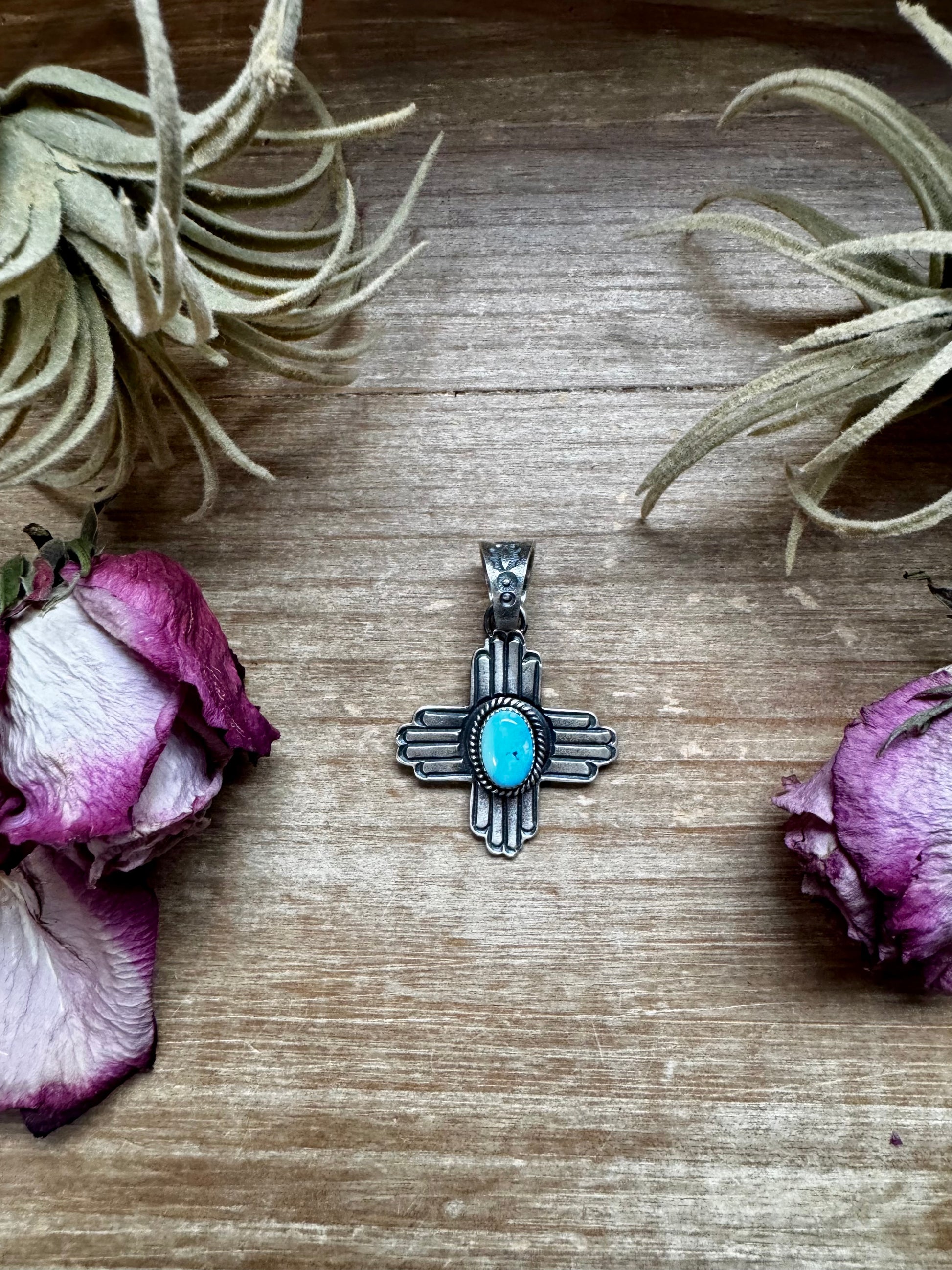 Sterling silver Zia symbol pendant with Golden Hill turquoise center, stamped KB, Native made in the USA, fits 10mm pearls